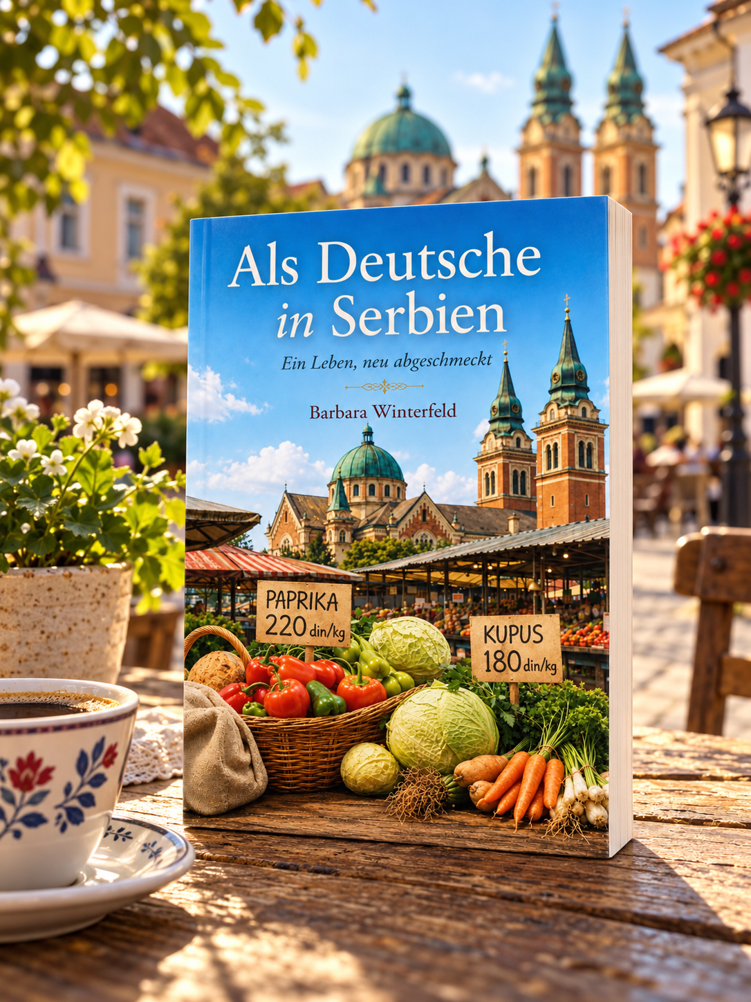 Book mockup of Als Deutsche in Serbien by Barbara Winterfeld on a sunny café table with a coffee cup and a softly blurred town square.