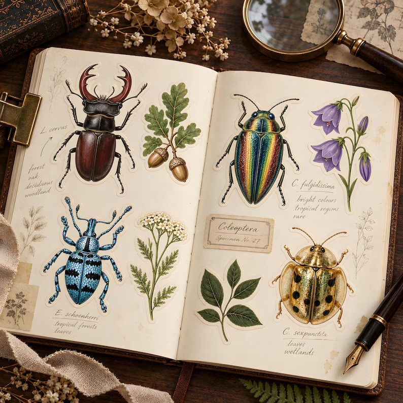 Vintage beetle and botanical stickers arranged in an open natural history journal, including a stag beetle, colourful beetles, oak leaves, acorns and purple bellflowers.
