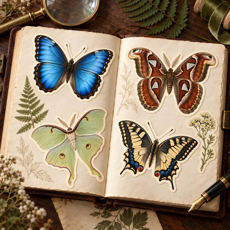 Vintage butterfly and moth stickers arranged in an open journal, featuring blue, brown, pale green and yellow wings alongside botanical details.