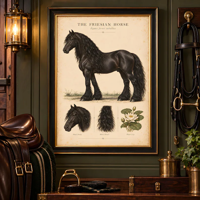 Framed vintage Friesian horse illustration with head and mane studies and a water lily, displayed on a dark green wall beside a saddle, lantern and bridle.