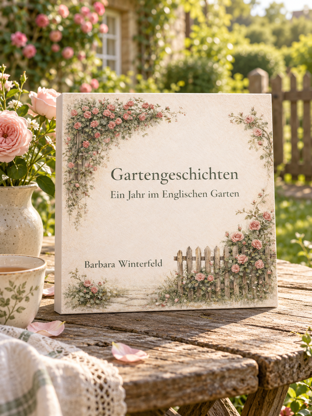 Gartengeschichten by Barbara Winterfeld, shown as a square book on a sunny garden table with roses and a cup of tea.