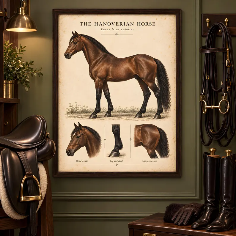 Framed vintage Hanoverian horse illustration with anatomical detail studies, displayed on an olive-green wall beside a saddle, bridle, riding boots and gloves.