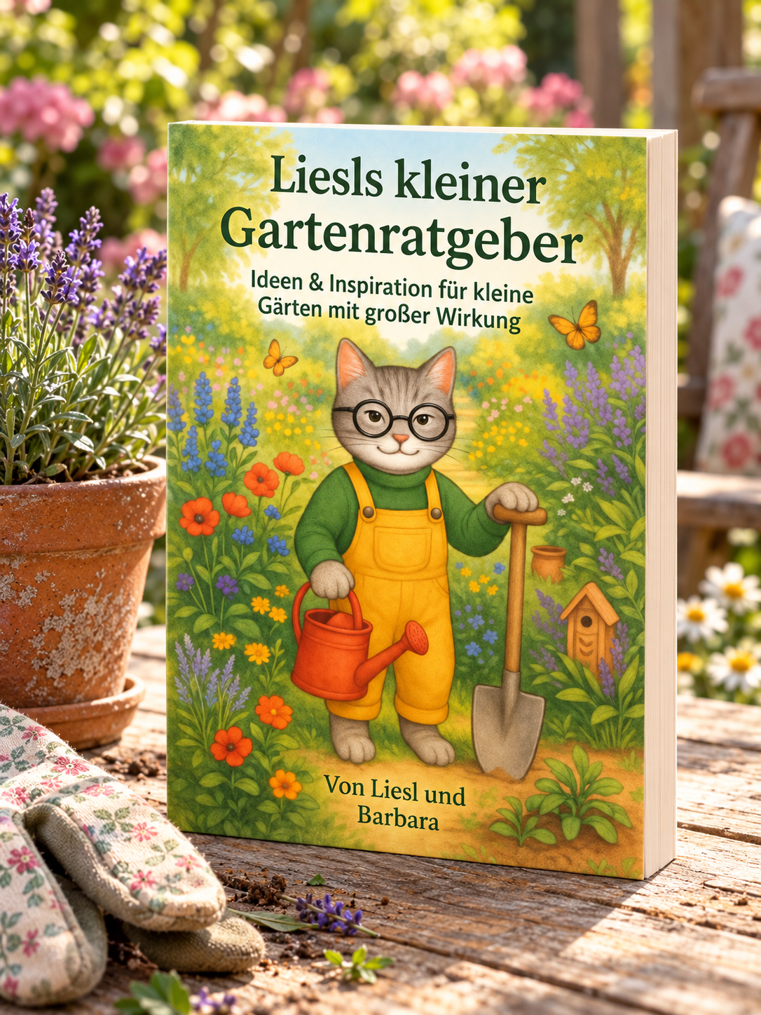 Book mockup of Liesls kleiner Gartenratgeber on a sunny wooden garden table beside lavender and gardening gloves.