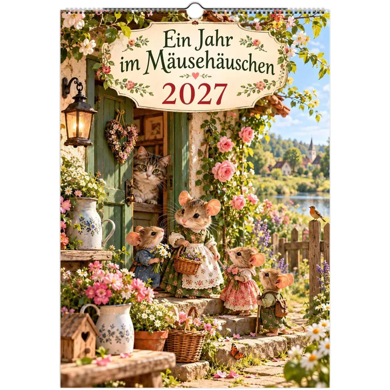 Cover of Ein Jahr im Mäusehäuschen 2027, with a mouse family among cottage garden flowers and a tabby cat looking out through a green door.