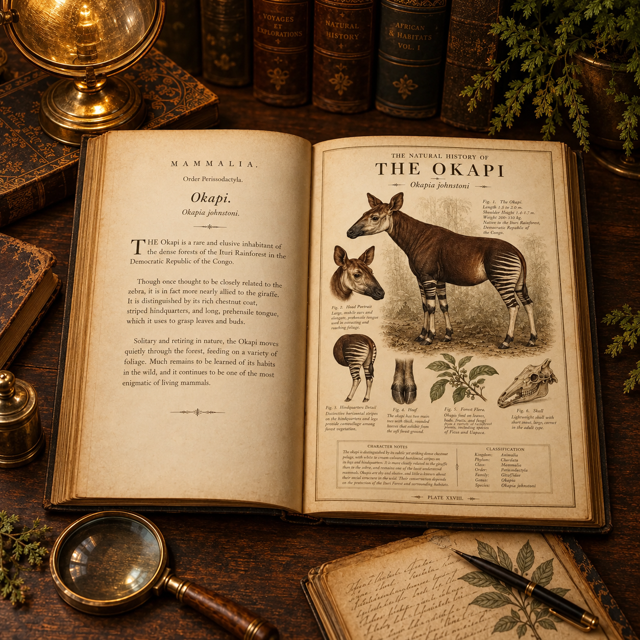 Okapi natural history artwork presented in an open antique-book mockup with animal studies, botanical details, a magnifying glass and handwritten notes.