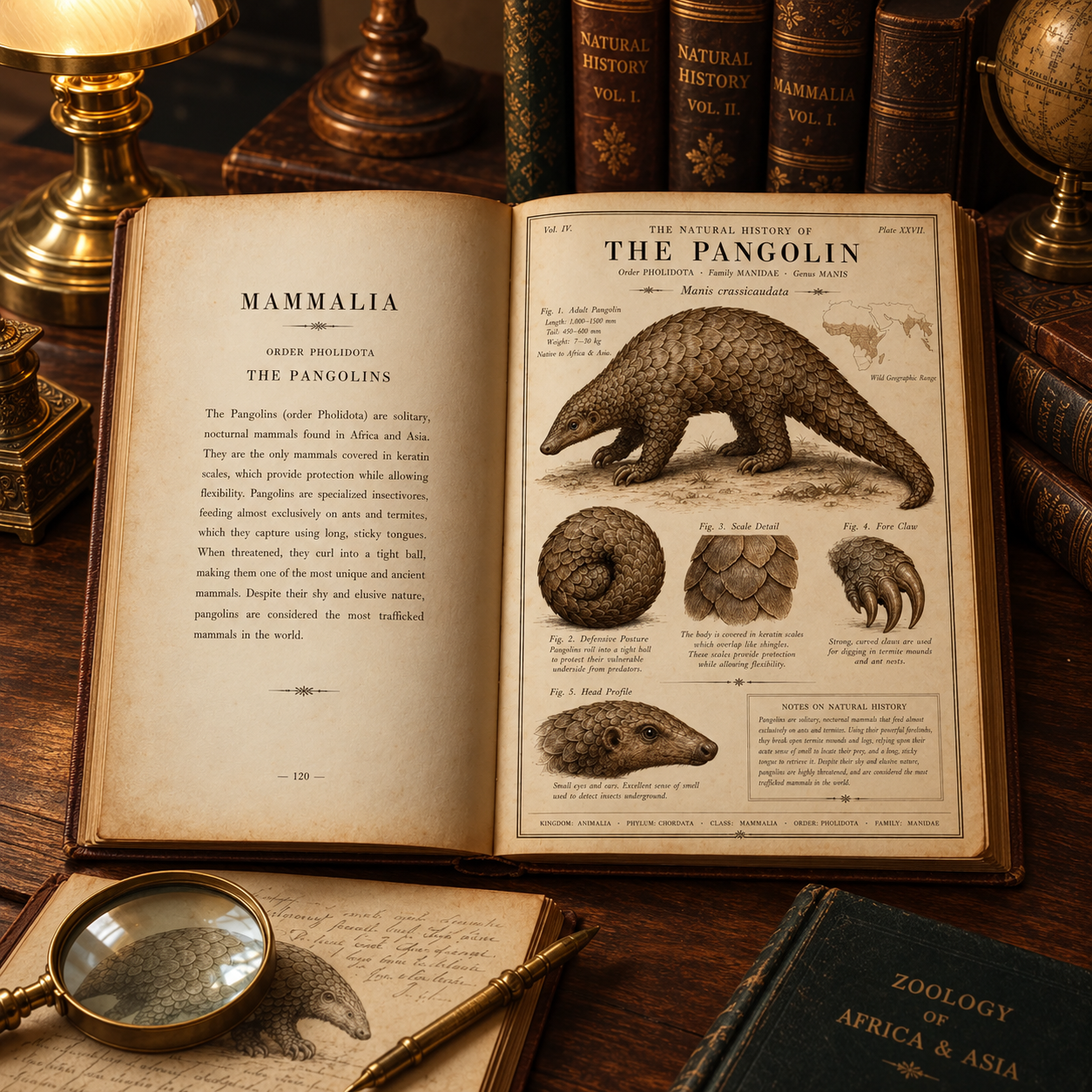 Pangolin natural history artwork displayed in an open antique-book mockup, with scale and claw details, a curled pangolin and a head study.