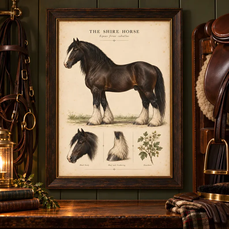 Framed vintage Shire horse illustration with head and hoof studies and a hawthorn sprig, displayed against dark green panelling with saddles, bridles, books and a lantern.