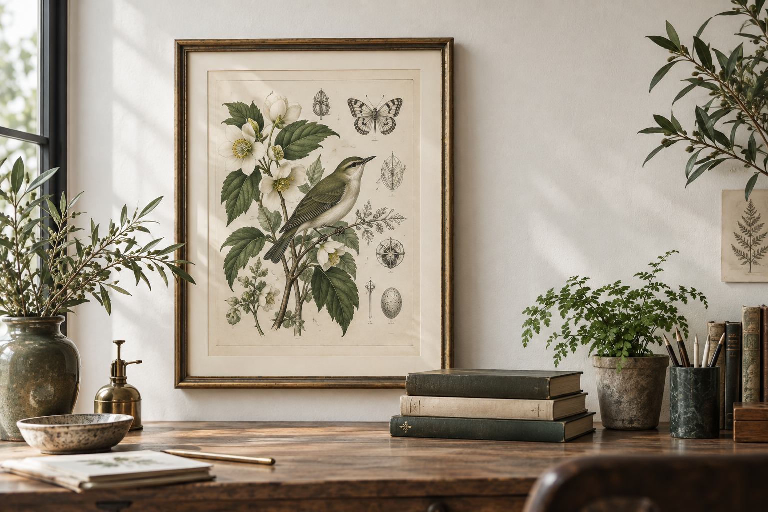 Framed botanical natural history print on a wooden table with books and plants