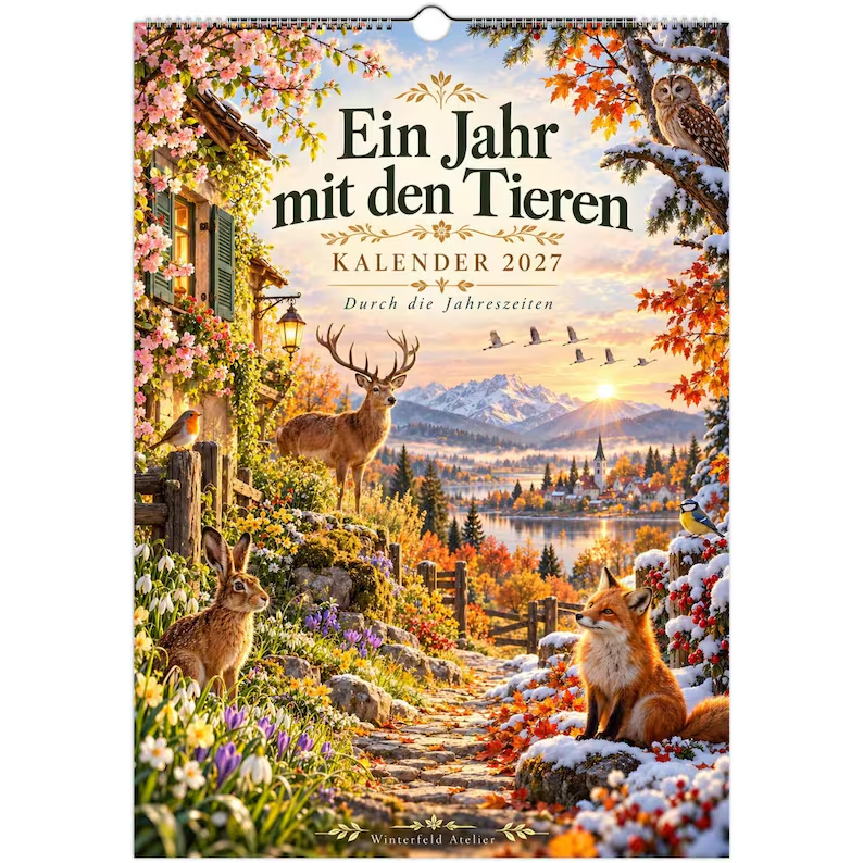 Cover of the German-language calendar Ein Jahr mit den Tieren 2027, showing a stag, hare, fox and birds in a landscape spanning all four seasons.